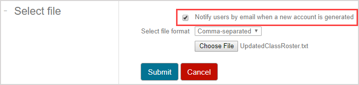 The "Notify users by email when a new account is generated" appears before the file format drop-down list.